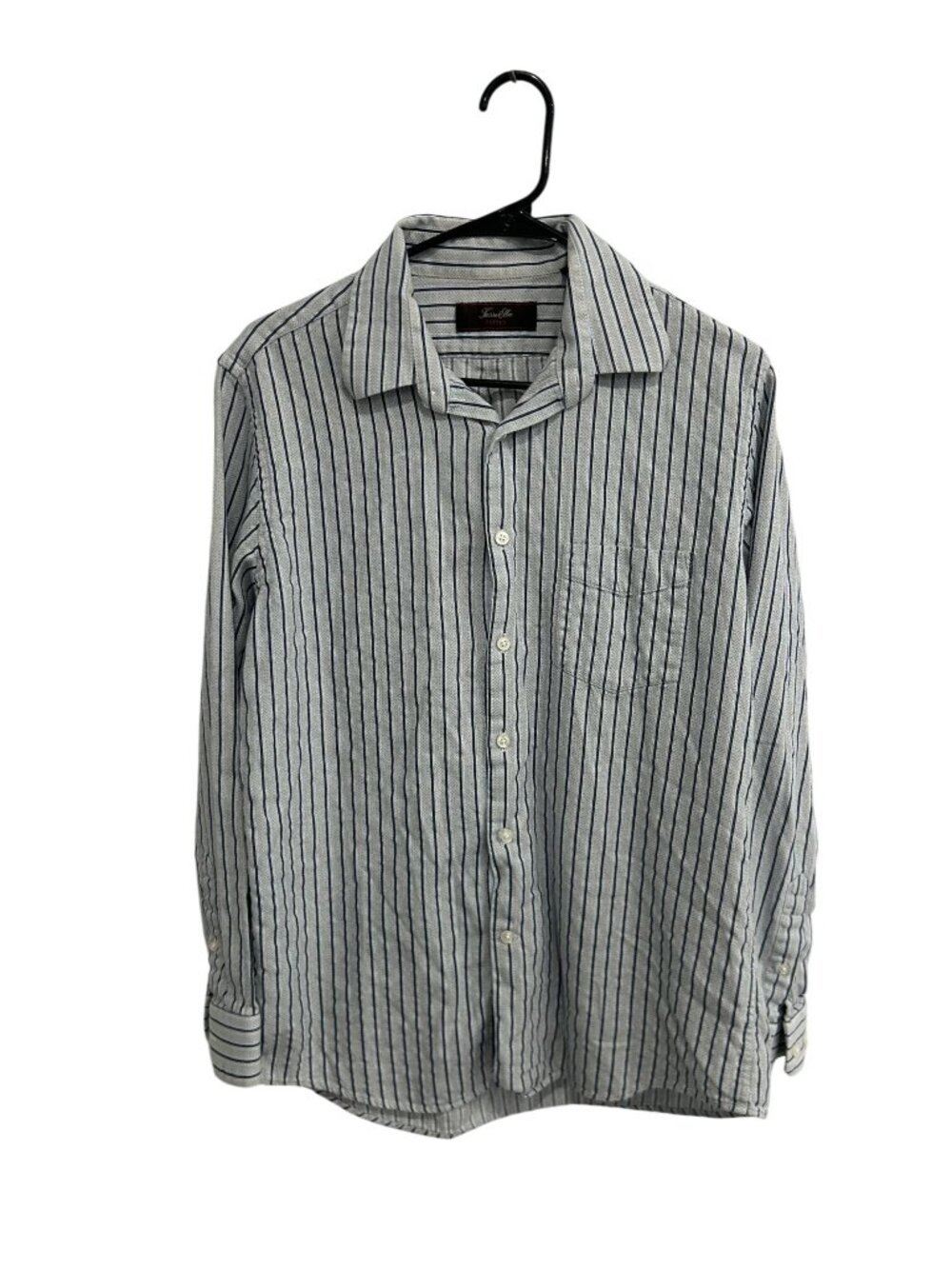 Tasso Elba Fited Large Striped Button Down Shirt Blue White Retro Minimalist
